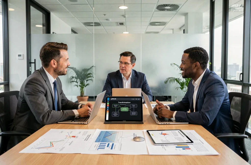 Équipe de consultants Actimage Consulting réunis autour d'une table de conférence pour planifier une transformation numérique