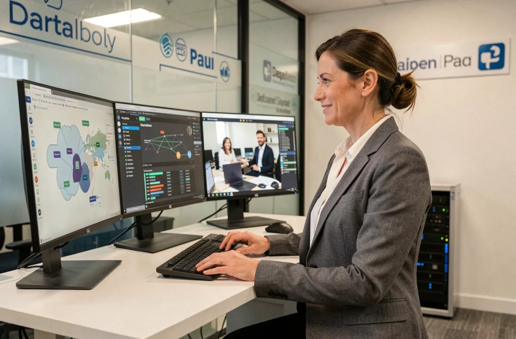 Analyste en cybersécurité d'Actuelburo travaillant sur des solutions cloud et de sécurité informatique dans un bureau à Pau
