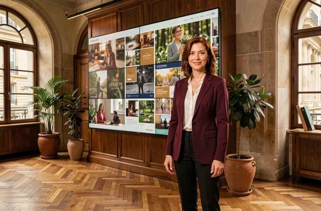Directrice créative d'Adeliom debout devant un mur d'écrans affichant une campagne de marque dans un bureau élégant avec parquet en chevrons et fenêtres arquées à Strasbourg