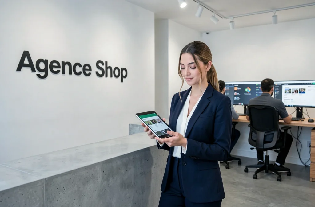 Professionnelle de l'Agence Shop tenant une tablette affichant une interface e-commerce dans une réception minimaliste avec logo mural en lettres noires