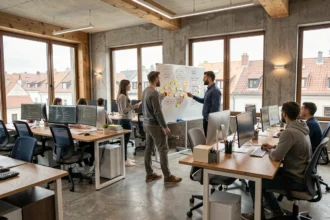 Équipe d'une agence de développement web dans le Grand Est collaborant dans un open space moderne avec des moniteurs affichant du code et des maquettes UX