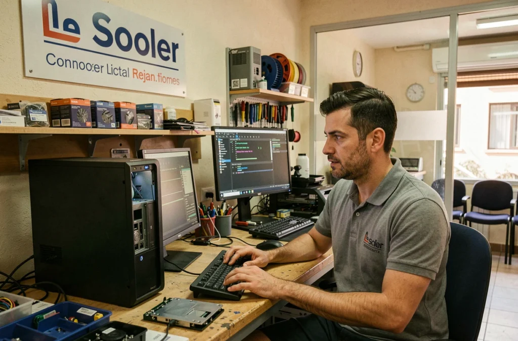 Technicien APATEC diagnostiquant un ordinateur dans son atelier de dépannage au Soler