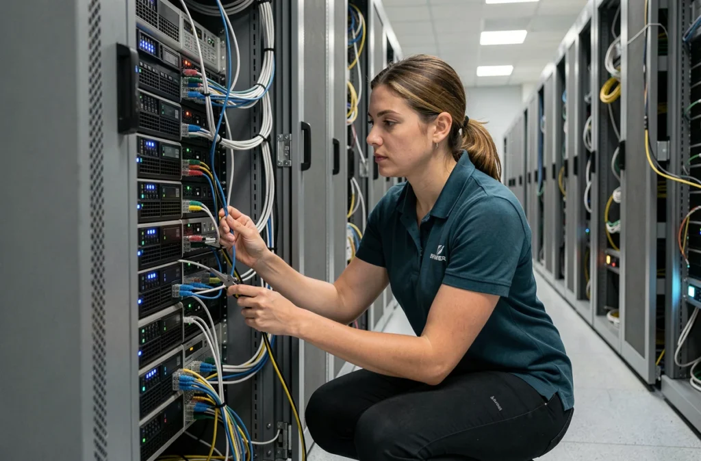 Administratrice réseau ASMX effectuant un diagnostic de câblage dans une salle de serveurs professionnelle
