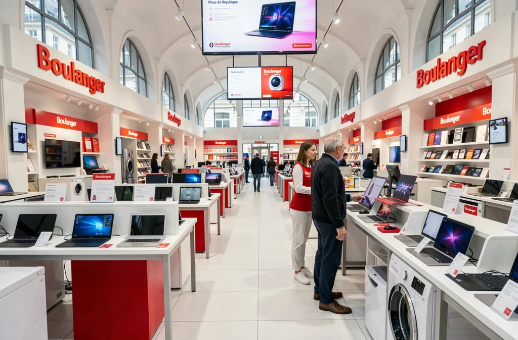 Intérieur du Boulanger Paris République avec une vendeuse en uniforme guidant un client dans le rayon informatique