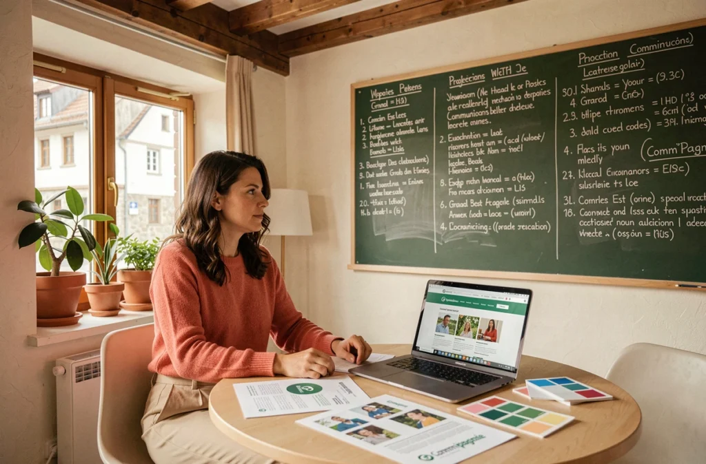 Chef de projet de Comm'pagnie assise à une table collaborative avec des briefs imprimés et un laptop affichant un prototype de site associatif dans un bureau chaleureux avec poutres en bois et vue sur une rue alsacienne