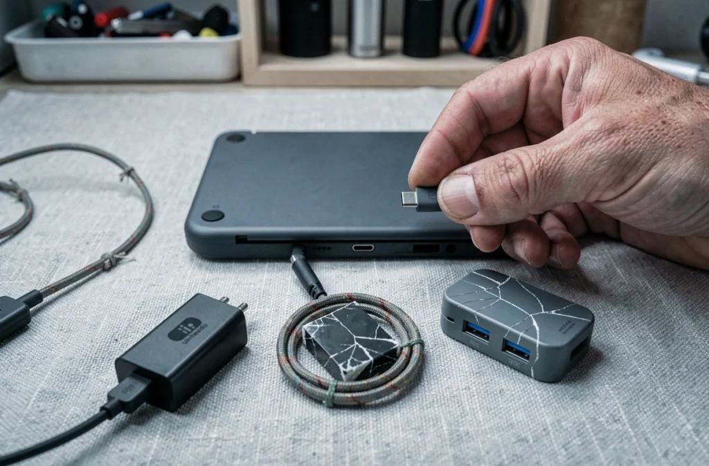Vue rapprochée d'une Nintendo Switch avec plusieurs accessoires de charge dont un câble abîmé et un hub USB défectueux comparés à plat