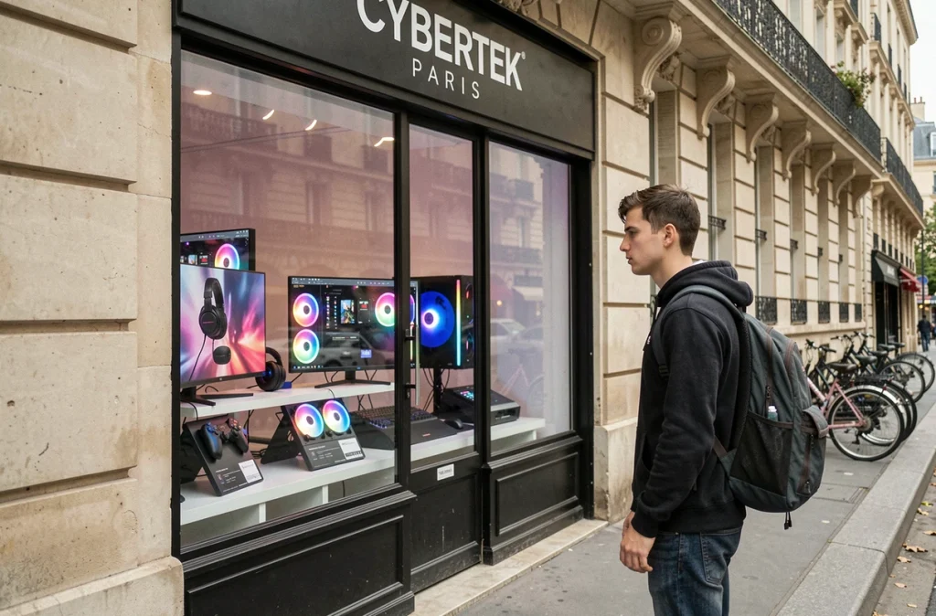 Devanture du magasin Cybertek Paris avec vitrine gaming et client s'arrêtant pour observer les produits exposés