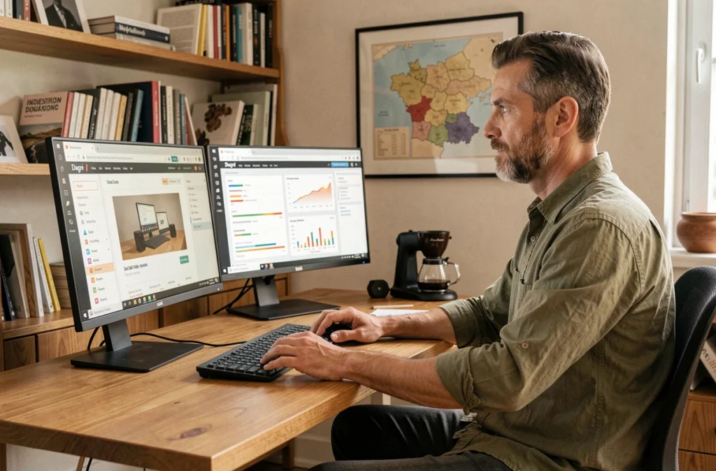 Développeur web de l'agence Dagré assis devant deux moniteurs affichant un éditeur WordPress et des tableaux SEO dans un studio organisé avec une carte de l'Alsace au mur