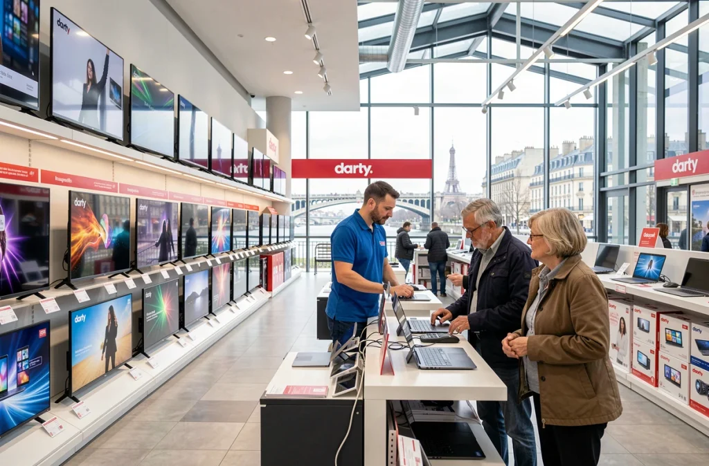 Intérieur du Darty Beaugrenelle avec un technicien en uniforme bleu assistant un couple près des rayons informatique et TV