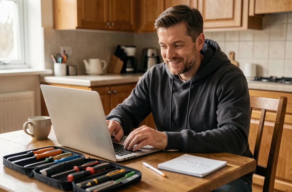 David Gaume, technicien informatique indépendant, réparant un ordinateur portable chez un client