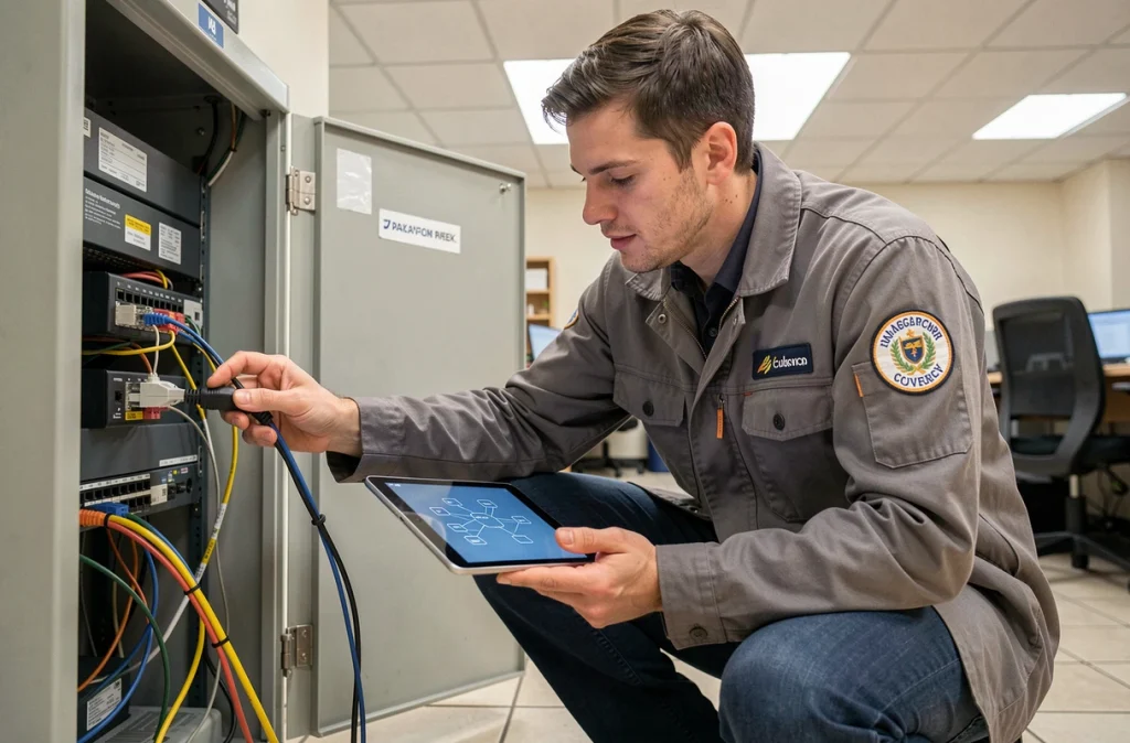 Technicien de Digicom Concept intervenant pour un dépannage réseau internet dans une entreprise à Pau