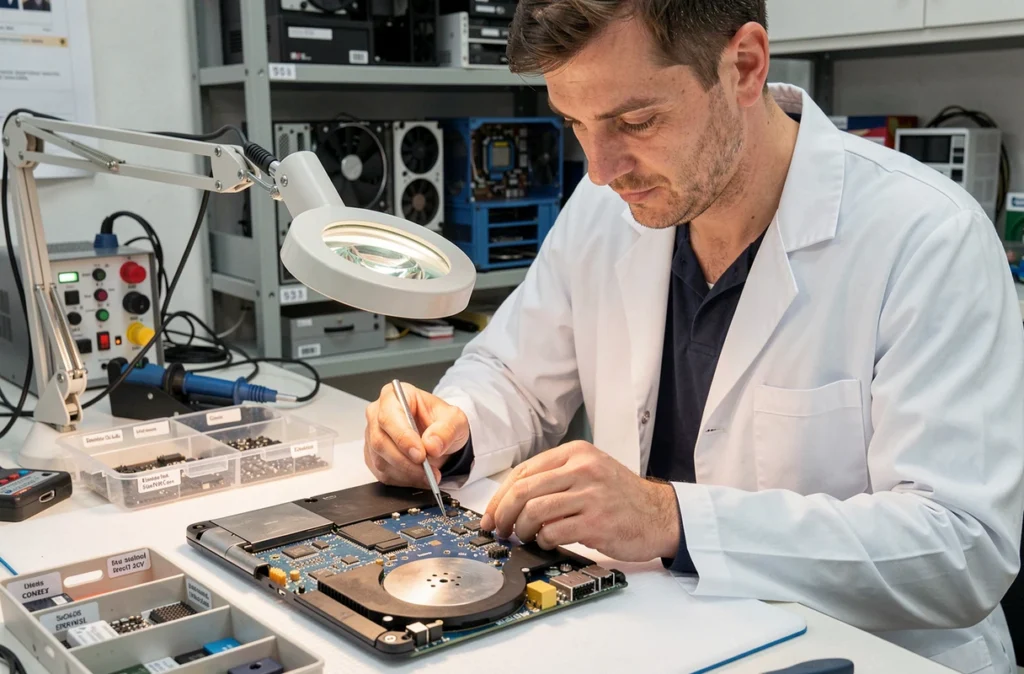 Spécialiste Dr. Pc examinant une carte mère d'ordinateur dans son atelier de réparation
