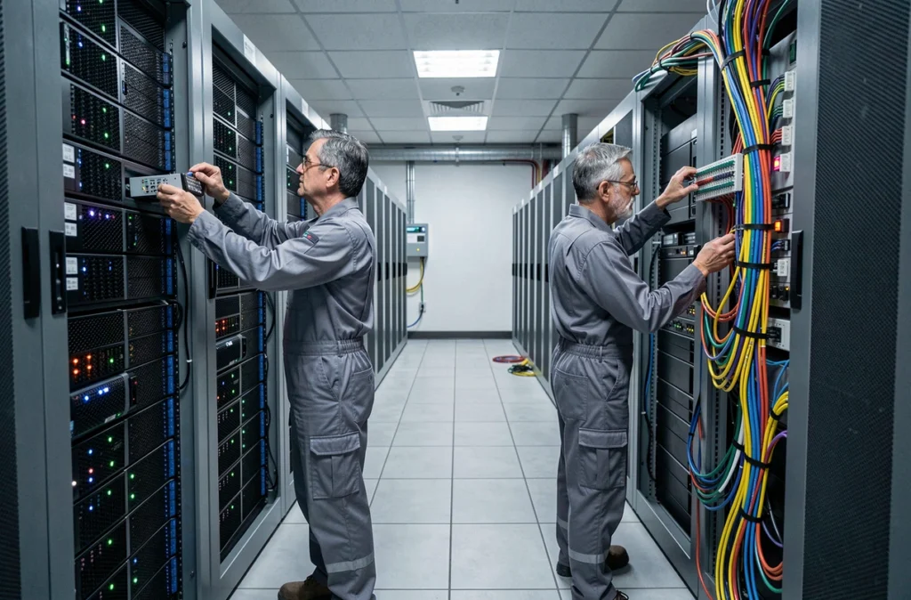 Équipe de la société EMV Astivill et Fils effectuant une maintenance professionnelle de serveurs