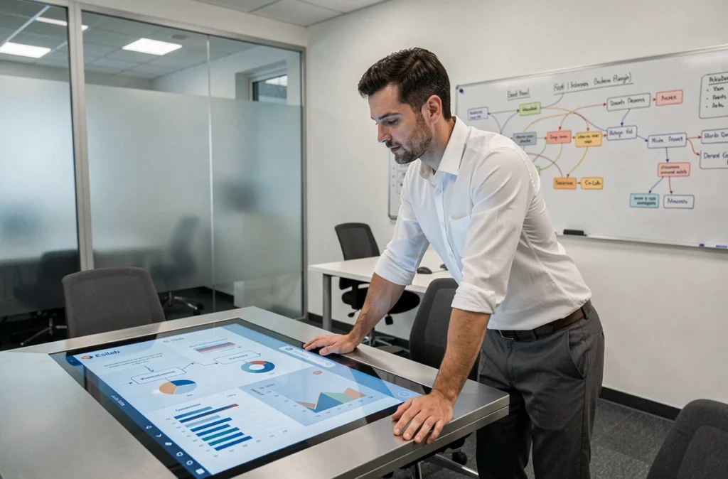 Ingénieur UX d'Esilab penché sur une table tactile affichant un prototype de produit numérique avec des graphiques de données dans un laboratoire d'innovation