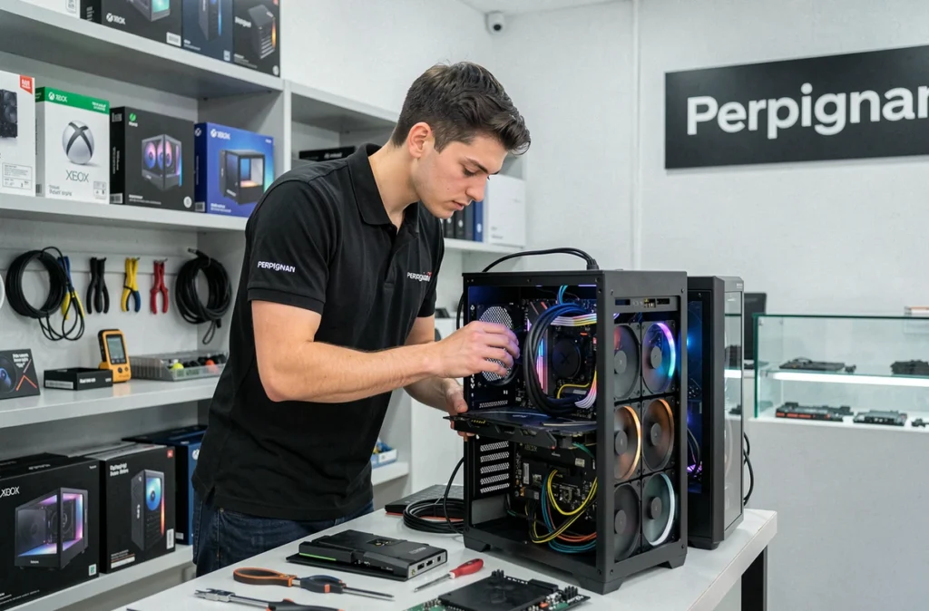 Technicien de Flash Xbox66 réparant un PC gaming à Perpignan
