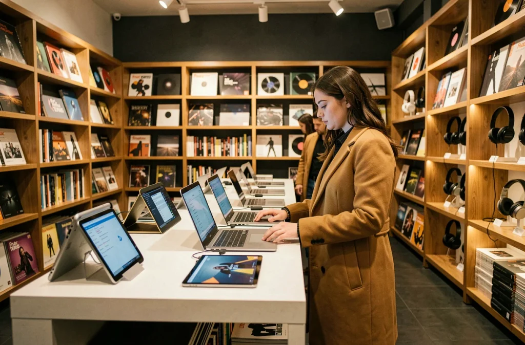Intérieur de la Fnac des Ternes avec une cliente feuilletant des ordinateurs portables dans un espace mêlant culture et high-tech