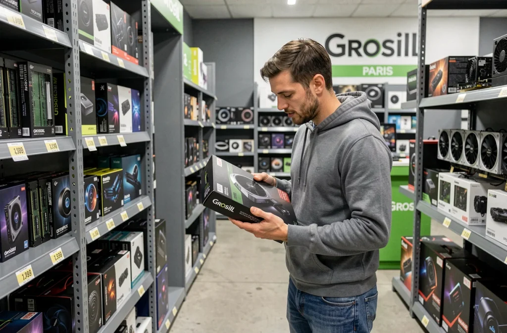 Client comparant des cartes graphiques en boîte dans le magasin Grosbill Paris, entouré de rayons de composants PC