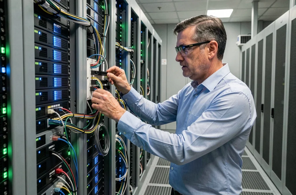 Ingénieur IT d'Infranat inspectant une infrastructure serveur dans une salle de données professionnelle à Pau