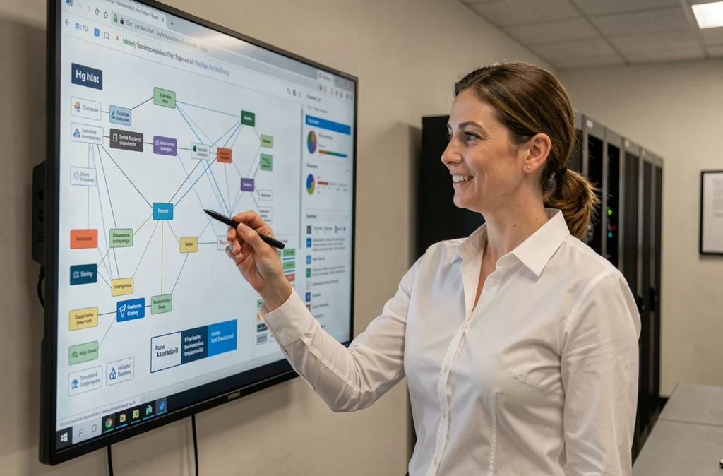 Consultante IRRIS Informatique présentant une cartographie réseau sur un écran mural interactif