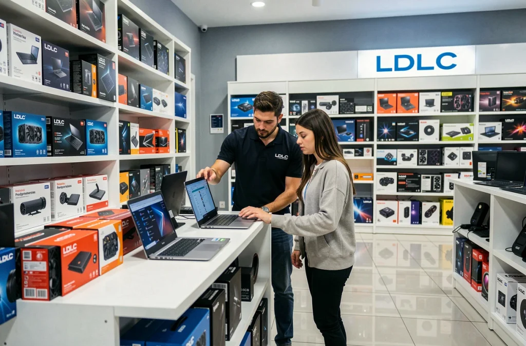 Intérieur du magasin LDLC Paris avec un vendeur conseillant une cliente devant des rayons de composants et d'ordinateurs portables