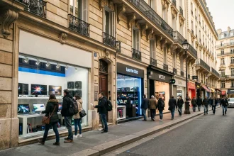 Vue grand angle d'une rue parisienne animée avec plusieurs magasins d'informatique et d'électronique en façade haussmannienne