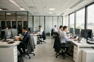 Vue panoramique d'un bureau informatique moderne en Seine-Saint-Denis avec des techniciens travaillant sur des postes multi-écrans