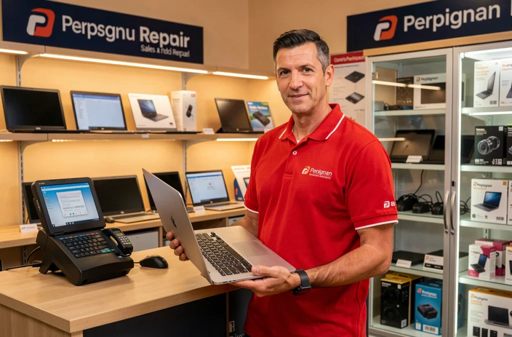 Technicien de Media 2000 présentant un ordinateur portable reconditionné dans sa boutique à Perpignan