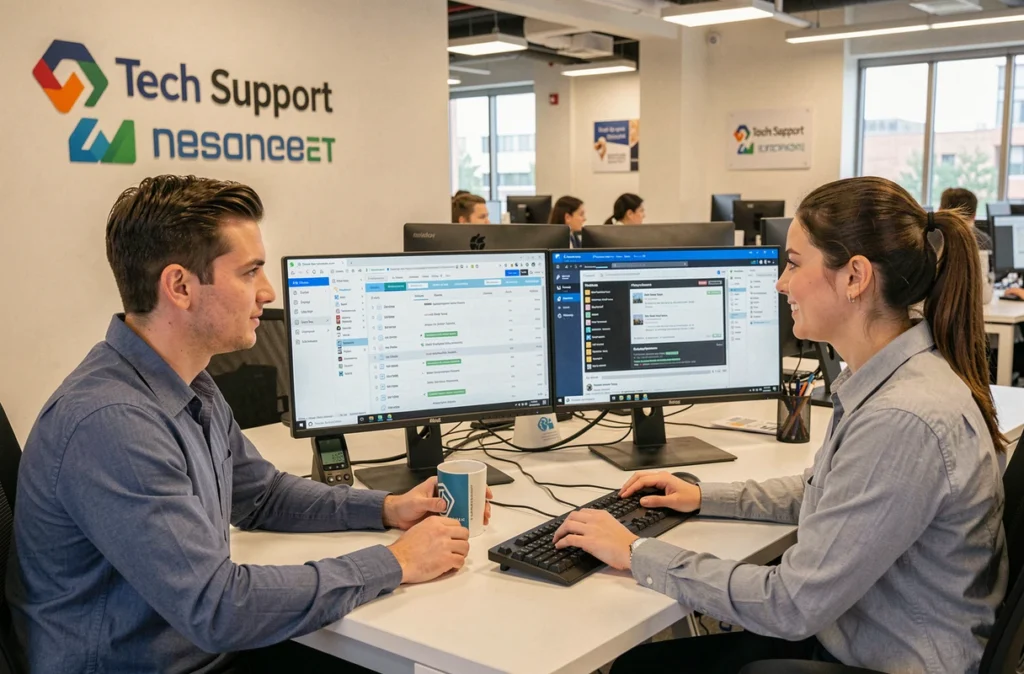 Deux techniciens NowTeam collaborant sur des sessions de support à distance dans un bureau de maintenance informatique