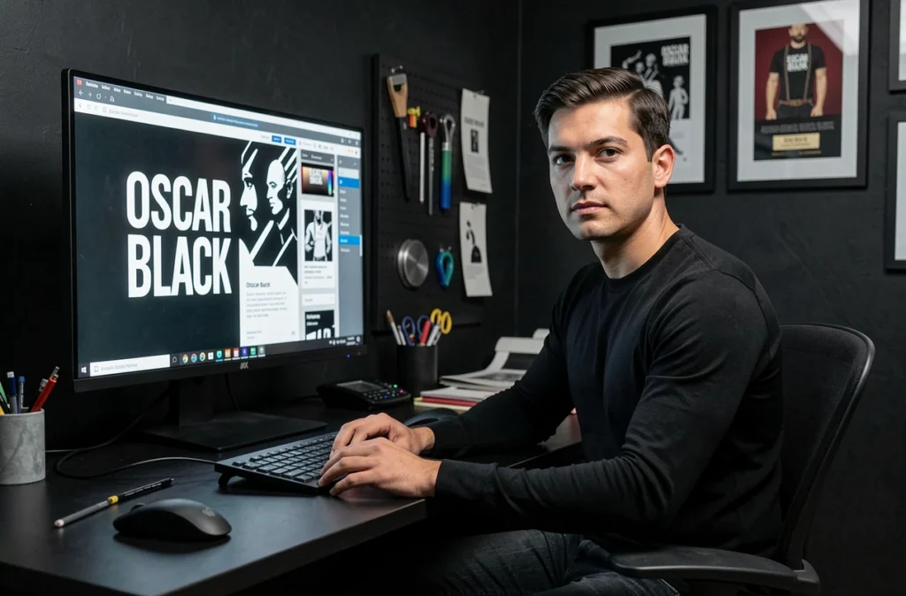 Designer de l'agence Oscar Black assis devant un moniteur affichant un projet d'identité visuelle en noir et blanc dans un studio aux murs noirs