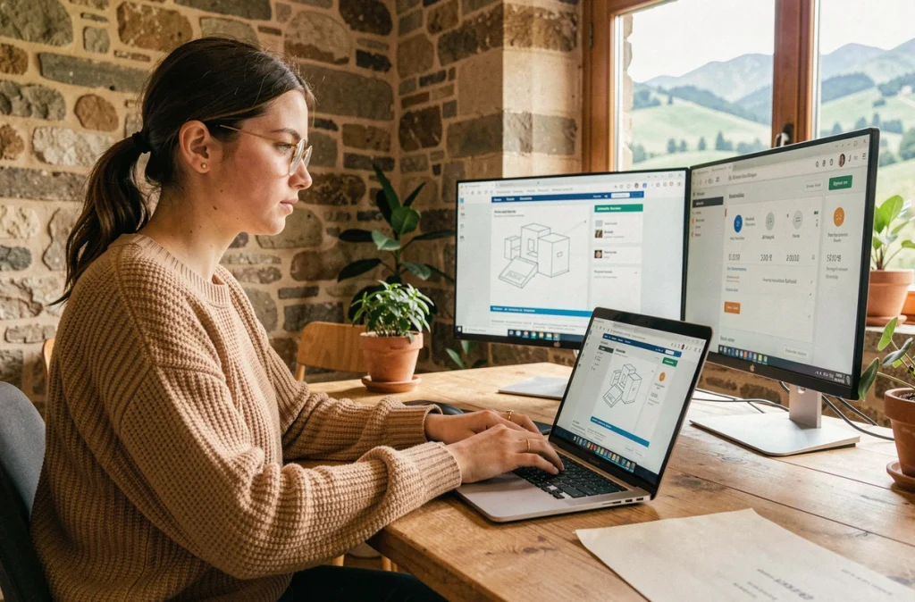 Développeuse web d'OWM travaillant sur des solutions digitales dans un espace créatif à Cambo-les-Bains au Pays basque