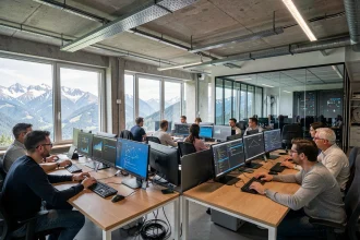 Prestataires informatiques dans les Pyrénées-Atlantiques : professionnels IT collaborant dans un bureau moderne avec vue sur les montagnes