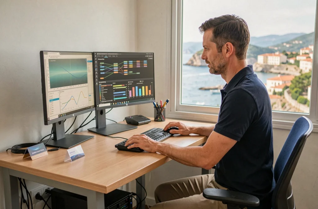 Technicien SDI 66 travaillant dans son bureau informatique à Banyuls-sur-Mer