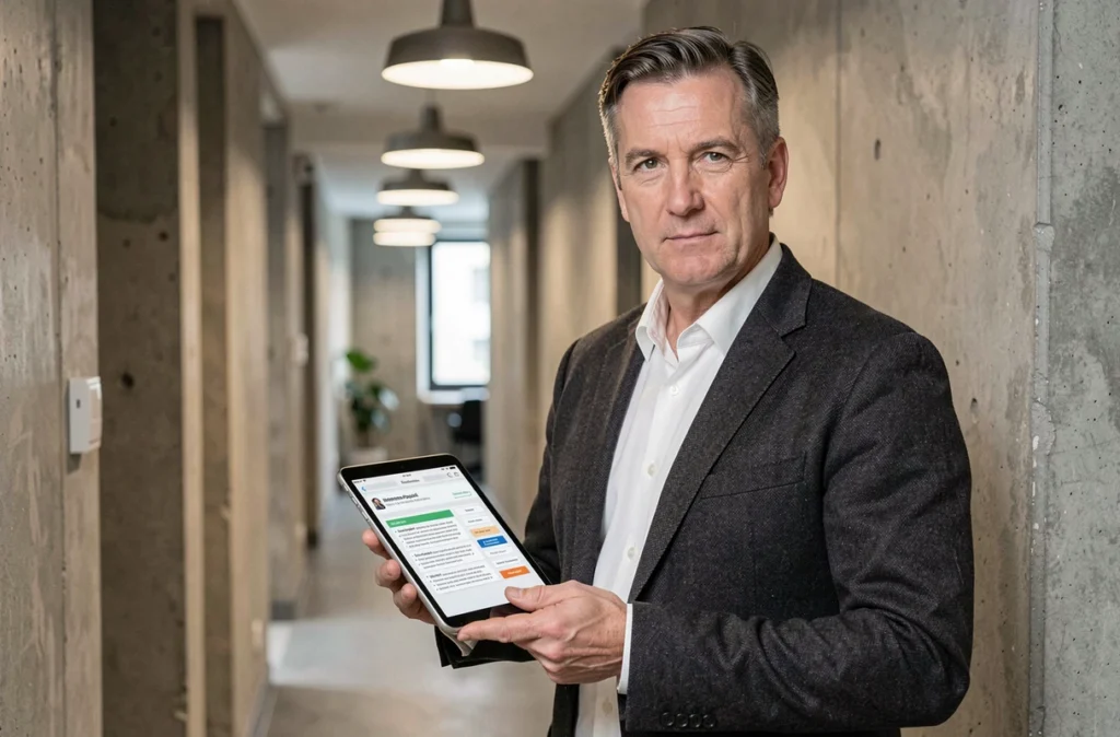 Chef de projet SI-Paris examinant un rapport d'audit d'infrastructure sur tablette dans un couloir de bureaux parisien
