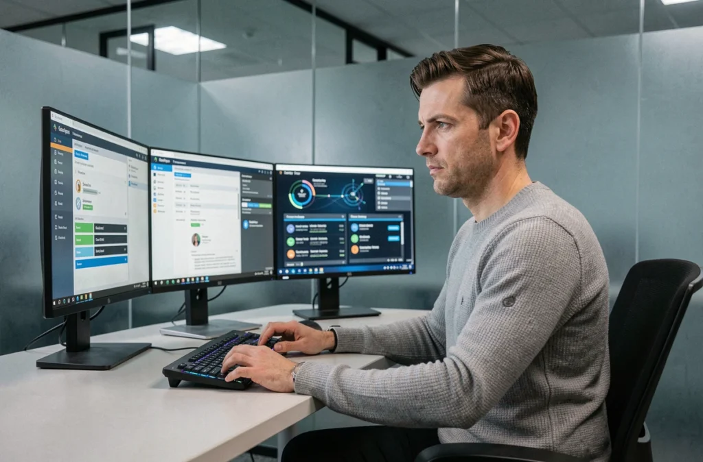 Ingénieur système Spirea supervisant des interfaces de gestion de serveurs et de cybersécurité