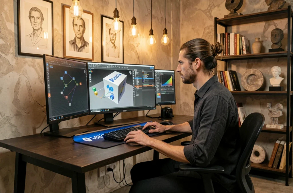 Motion designer de Studio Meta assis devant un écran Wacom affichant une identité de marque 3D animée dans un studio artistique avec murs en plâtre brut et étagères d'ouvrages d'art