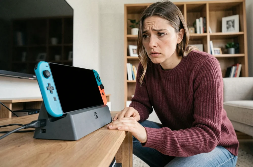 Nintendo Switch dans son dock avec un chargeur tiers défectueux et une femme inquiète observant la console sans réaction