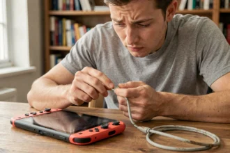 Nintendo Switch éteinte sur un bureau en bois avec un câble USB-C défectueux et un utilisateur perplexe l'inspectant