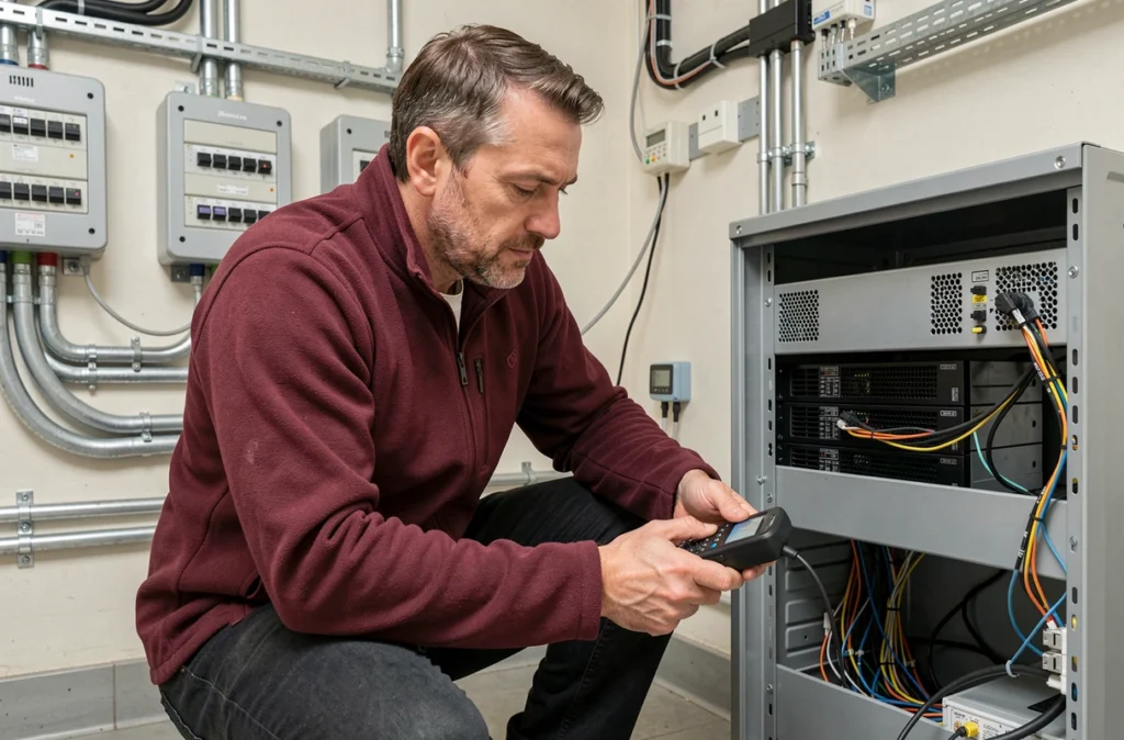 Spécialiste infrastructure SYS Project inspectant un onduleur dans une salle technique avec câblages organisés