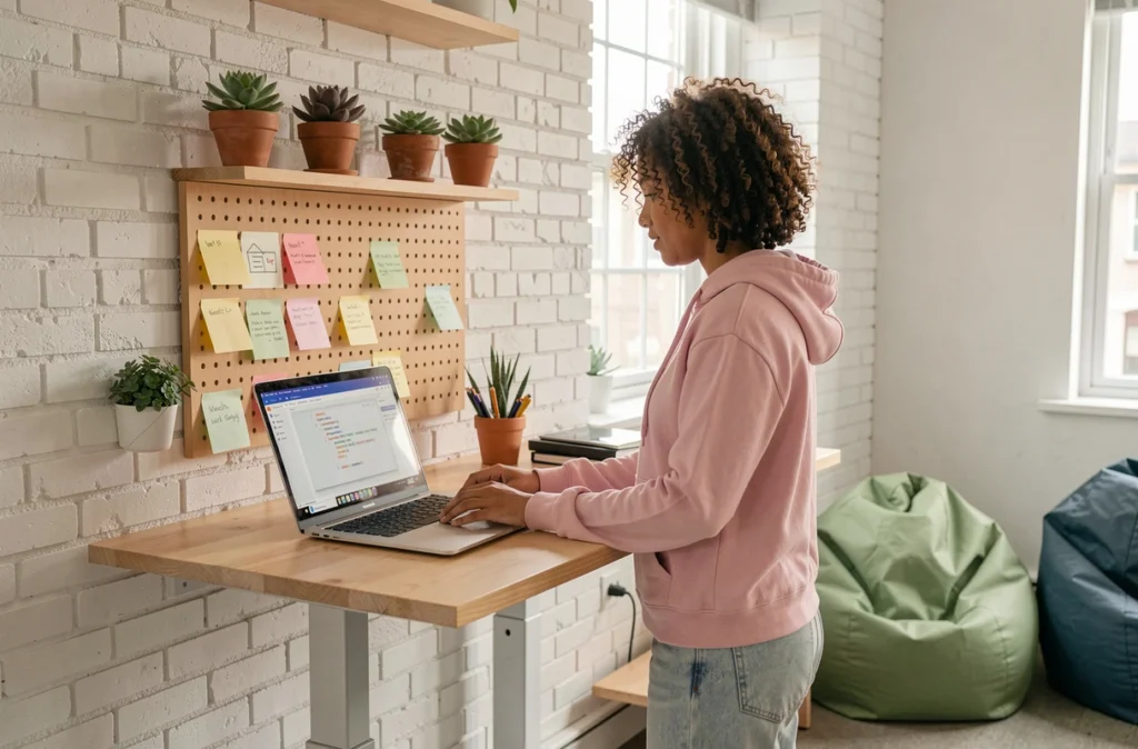Développeuse de l'agence Tiz debout à son bureau réglable avec un laptop affichant une interface React dans un espace de travail en briques blanches avec des plantes
