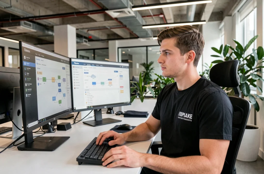 Spécialiste support Uneeti gérant des outils d'infrastructure cloud sur un poste de travail ergonomique moderne