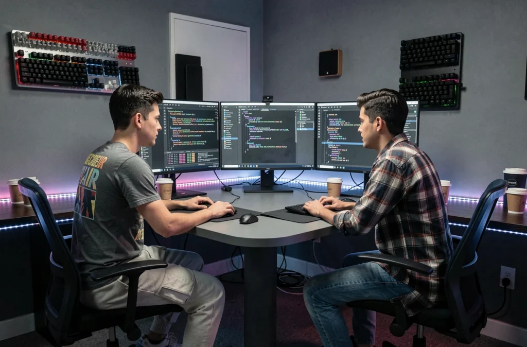 Deux développeurs de l'agence Webcodeur collaborant devant trois moniteurs affichant un codebase full-stack en VS Code dans un studio de production numérique avec des accents LED