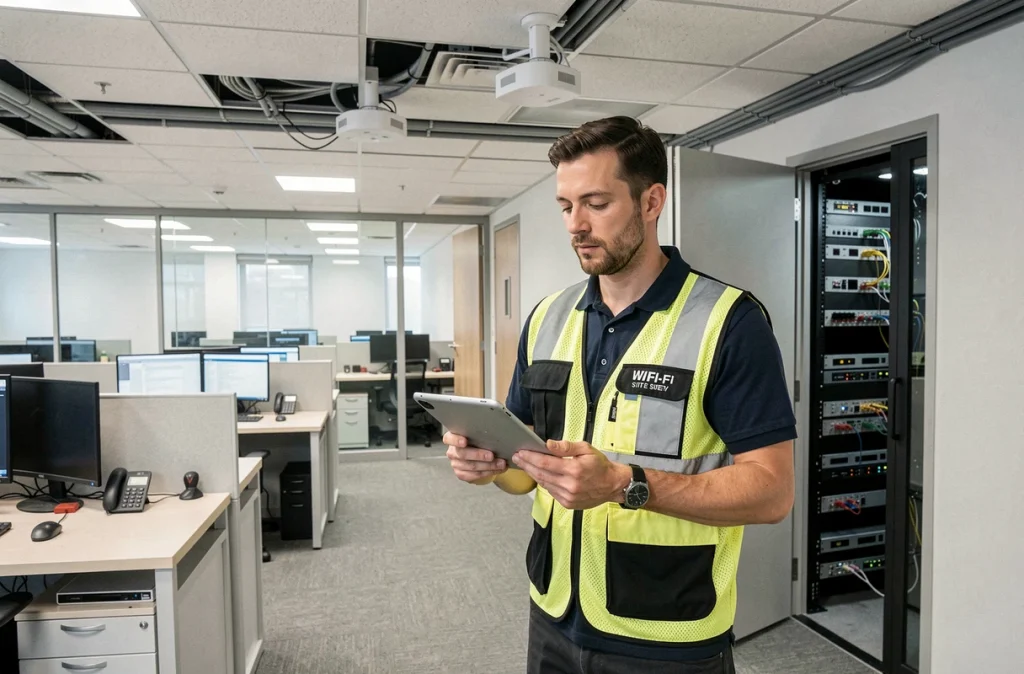 Technicien de WiFi 64 Solution Informatique effectuant un audit de réseau sans fil et de connectivité dans un bureau