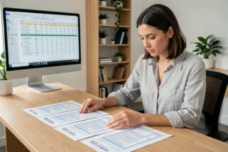 Femme professionnelle alignant plusieurs tableaux imprimés sur un bureau en bois dans un bureau moderne