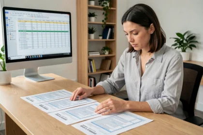 Femme professionnelle alignant plusieurs tableaux imprimés sur un bureau en bois dans un bureau moderne