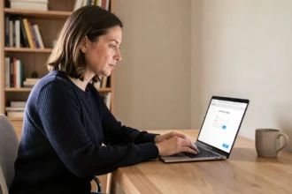 Femme concentrée protégeant un fichier texte par mot de passe sur un ordinateur portable dans un bureau à domicile minimaliste