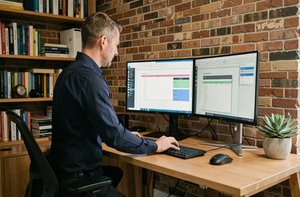 Homme travaillant sur double écran pour fusionner des tableaux dans un logiciel de traitement de documents