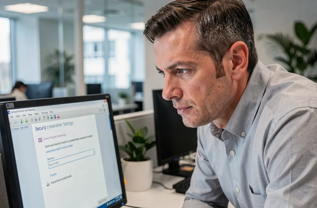 Homme en bureau professionnel configurant la protection par mot de passe d'un fichier texte sur un ordinateur de bureau