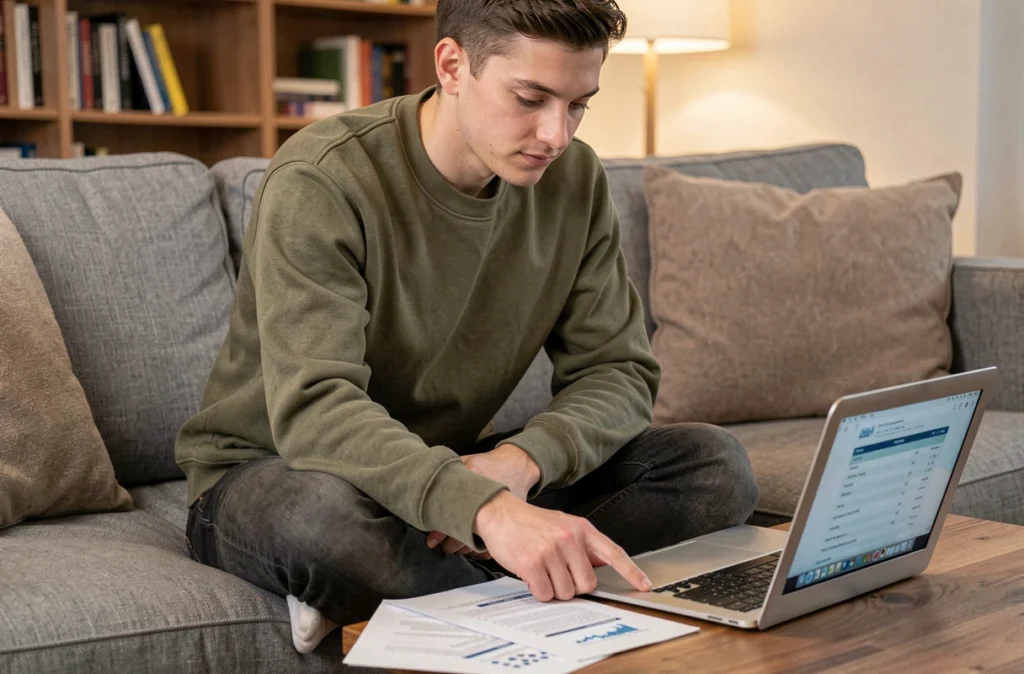 Jeune professionnel comparant plusieurs tableaux imprimés et un document numérique sur un canapé à domicile