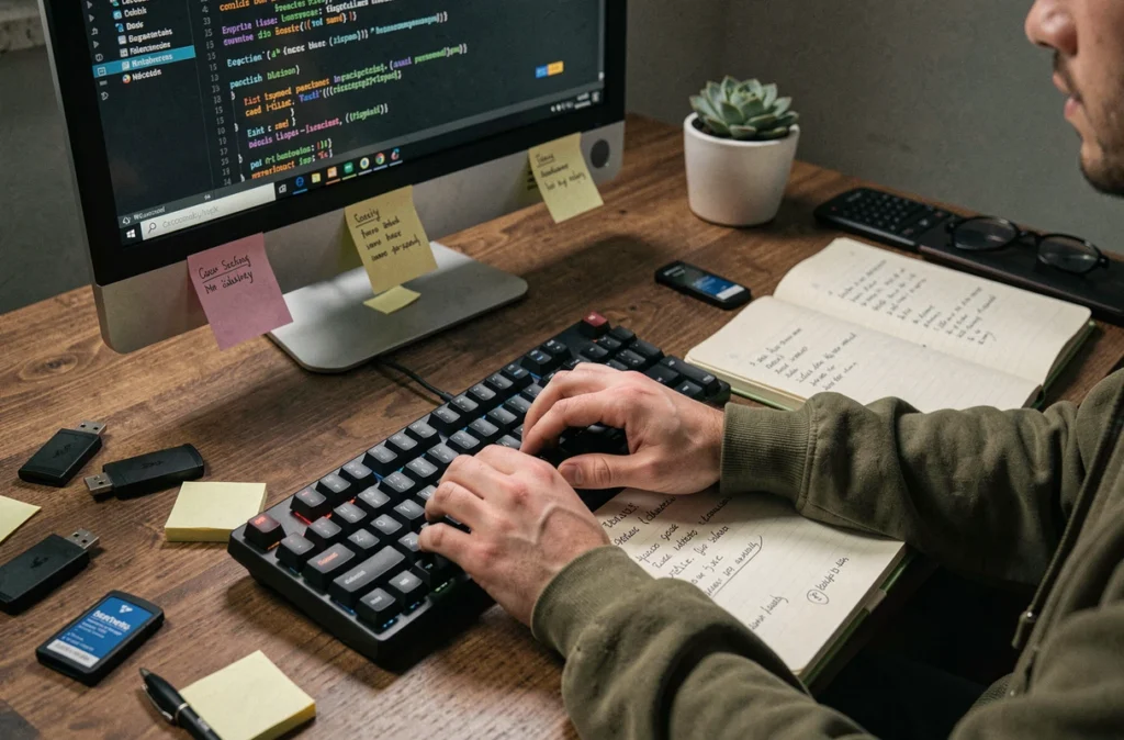 Mains tapant sur un clavier mécanique pour sécuriser un fichier texte avec un mot de passe dans un espace de travail créatif